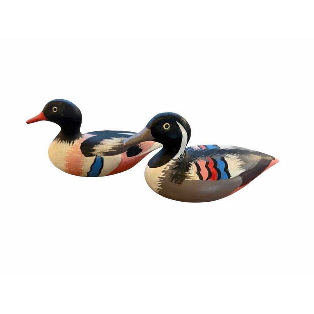 Vintage Hand-Painted Ceramic Duck Figurine 4” Set 2 Multicolor Decor Collectible